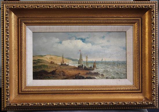 John Moore of Ipswich (1824-1908) Fishing boats along the coast, 5.25 x 10in.